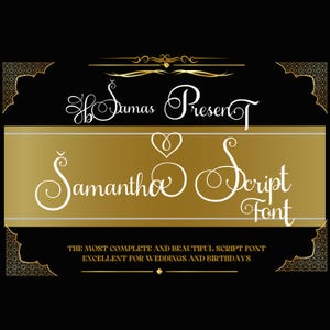 Puede incluir: Un diseño gráfico dorado y blanco con el texto "Samas Presents Samantha Script Font" y el lema "La fuente de escritura más completa y hermosa. Excelente para bodas y cumpleaños."
