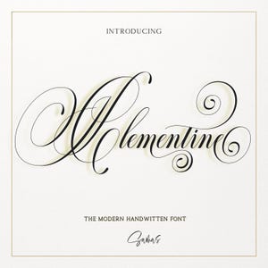 Può includere: Sfondo color crema con la parola «INTRODUCING» in alto. La parola «Clementine» è scritta in elegante corsivo nero. Sotto, si legge «THE MODERN HANDWRITTEN FONT» e la firma «Zahras».