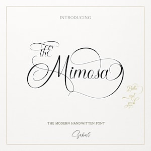 Può includere: Uno sfondo color crema con le parole "INTRODUCING" in alto. Le parole "the Mimosa" sono scritte in un elegante e scorrevole script nero. Sotto, si legge "THE MODERN HANDWRITTEN FONT" e "Zahras". Nell'angolo in basso a destra, c'è scritto "Bella and Jacob" in oro.