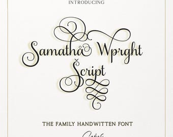 Samantha family Script Font, Font with Tails, Heart Font, Wedding Font, Cursive Font, Font for Cricut, SVG Script condensed characters.