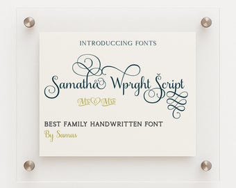 Samantha family Script Font, Font with Tails, Heart Font, Wedding Font, Cursive Font, Font for Cricut, SVG Script condensed characters.