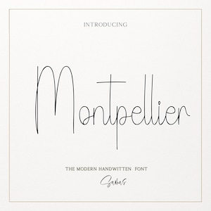 Può includere: Sfondo color crema con la parola "Montpellier" in un carattere scritto a mano. Sopra la parola c'è la parola "INTRODUCING" e sotto "THE MODERN HANDWRITTEN FONT" e la firma "Zahras".