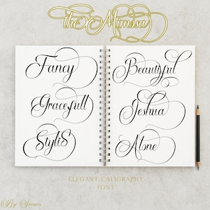Può includere: Un quaderno bianco a spirale mostra esempi di un elegante carattere di calligrafia in inchiostro nero. Vengono visualizzate parole come "Fancy", "Beautiful" e "Gracefull". Il testo "Elegant Calligraphy Font" è in basso. Una matita è a destra.