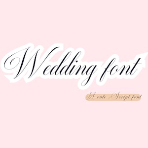 Puede incluir: Una fuente de escritura cursiva azul marino que dice "Wedding font" con el texto "A cute Script font" en un rectángulo marrón claro debajo.