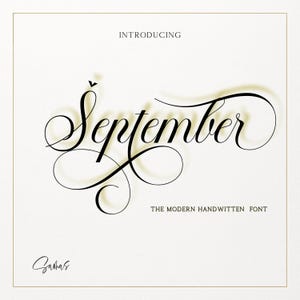 Può includere: Un design grafico color crema con la parola "September" in elegante e fluida scrittura nera. Sono presenti anche i testi "Introducing" e "The Modern Handwritten Font". Una firma è nell'angolo in basso a sinistra.