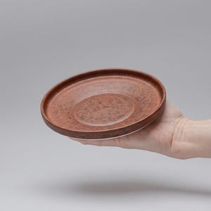 Pode incluir: Um pires redondo de cerâmica marrom com uma textura salpicada. O pires é segurado em uma mão contra um fundo cinza. A borda é um tom de marrom mais escuro que o centro.