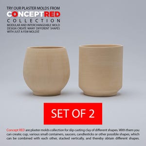 May include: Set of two wooden plaster molds for slip casting clay. The molds are designed to create different shapes, such as cups, containers, saucers, and candlesticks. "Concept RED" is printed in red on the white background.
