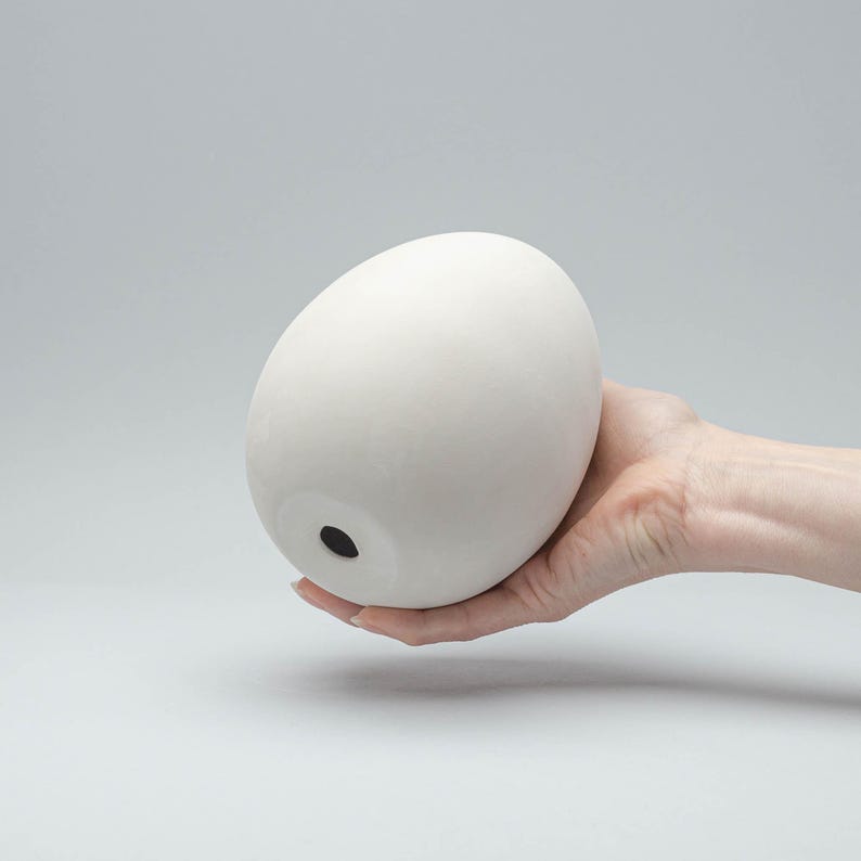 May include: A white ceramic egg-shaped planter with a small drainage hole at the bottom.
