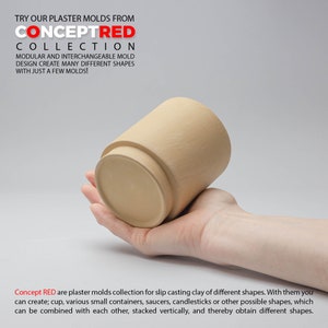 May include: A set of plaster moulds for slip casting clay. The moulds are designed to create various shapes, including cups, containers, saucers, and candlesticks. The moulds are modular and interchangeable, allowing you to create many different shapes with just a few moulds. The text "Concept RED Collection" is visible in the image.