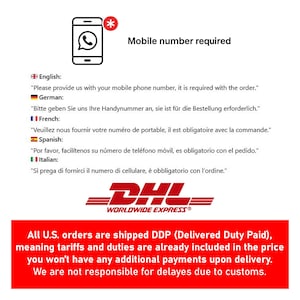 May include: A white informational graphic featuring a black smartphone icon with a phone receiver symbol and a red asterisk. The text reads Mobile number required, followed by instructions in five languages, a DHL logo, and a red box with shipping details.