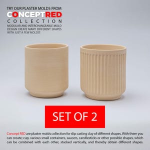 May include: Set of two plaster moulds for slip casting clay. The moulds are beige and create a smooth and a ribbed cylindrical shape. The text "CONCEPTRED COLLECTION" and "SET OF 2" is visible in the image.