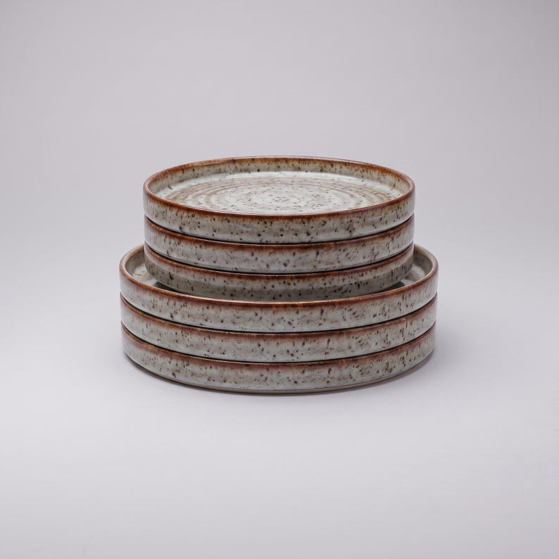 May include: A stack of six round ceramic plates featuring a speckled off-white surface with dark brown flecks and a distinct brown rim. The plates are arranged in two groups, with three smaller plates stacked on top of three larger plates.