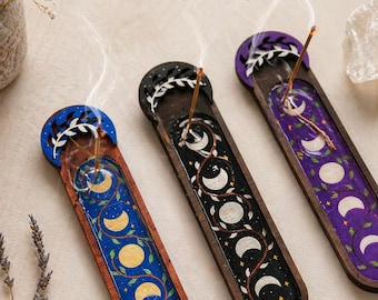 Hand-Painted Moon Phase Wooden Incense Holder, Spiritual Altar Decor Tray