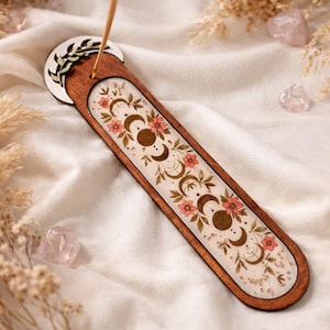 Hand-Painted Wooden Moon Phase Incense Holder, Celestial Tarot Altar Decor