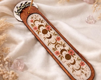 Hand-Painted Wooden Moon Phase Incense Holder, Celestial Tarot Altar Decor