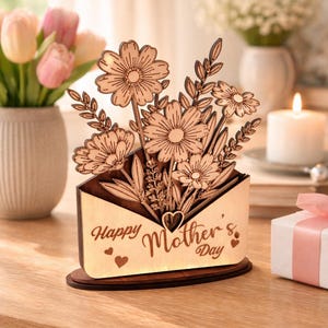 Mother’s Day Wooden Flower Gift, Personalized Gift for Mom, Handmade Laser Cut Floral Decor, Unique Mom Gift, Custom Message Wood Box