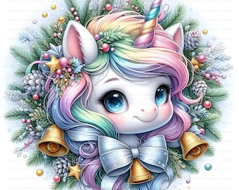 May include: A whimsical illustration of a unicorn with a rainbow mane and horn, surrounded by a wreath of pine needles, berries, and pinecones. The unicorn has large blue eyes, a silver bow, and golden bells. A festive, fairytale theme.