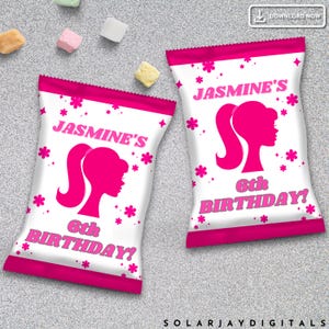 Modelo de saco de salgadinhos com tema de menina da moda, editável, lembrancinha de festa de aniversário, faça você mesmo, para impressão, download instantâneo