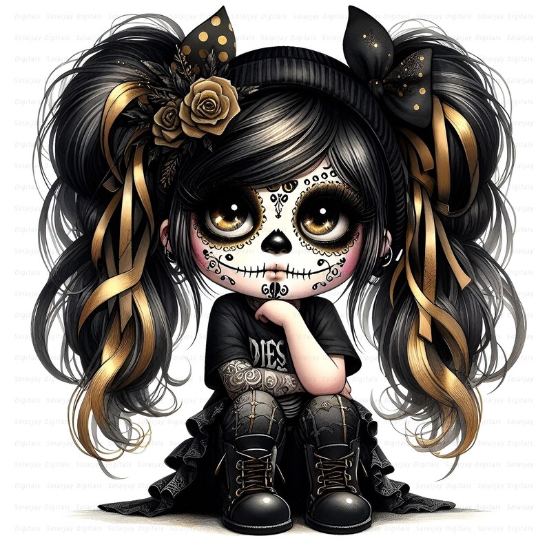 Gothic Halloween gnome girl clipart set with gold and black hoodies, spooky cute pigtails, and fall outfits for seasonal crafts. commercial use, cute girl clipart, digital download, junk journal girl, mixed media clipart, planner girl clipart, quirky girl clipart, whimsical clipart, gothic clipart, halloween clipart, day of the dead, skull clipart, gnome clipart, fantasy clipart, fairy clipart, gothic girl clipart, spooky cute graphic, goth party clipart, skull makeup, seasonal clipart, digitals