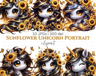Zonnebloem eenhoorn portret clipart: zwarte manen, boho-fantasie gouden bloemen, digitale download, commercieel gebruik