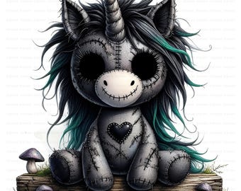 Gothic Halloween Unicorn clipart-bundel: spooky gestikte stijl (10 jpg's, digitale download, commercieel gebruik)
