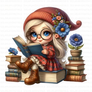 Bookish Gnome Girl Clipart Bundle: 10 Reading PNG & JPG Illustrations (Digital Download, Commercial Use)