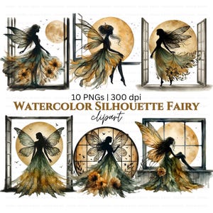 Watercolor Silhouette Window Fairy Clipart: Teal Mustard PNG, Sunflower Moon Fantasy Art, Sublimation Design