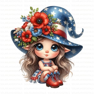 Patriotic Gnome Girl Clipart Bundle, Set of 10, High Quality 300 DPI, 4th of July PNG JPG, Independence Day Graphics for Commercial Use
