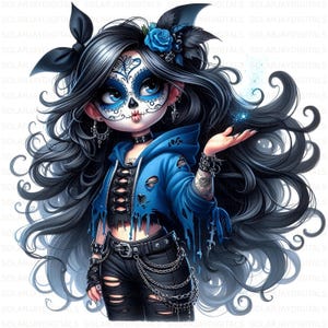 Gothic Skull Gnome Girl Clipart, Set of 10 High Resolution 300 DPI JPG, Day of the Dead, Blue Punk Halloween Illustration for Commercial Use