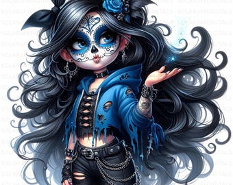 Gothic Sugar Skull Gnome Clipart, Punk Girl, Day of the Dead (Digital Download, Commercial Use)