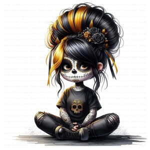 Gothic Halloween gnome girl clipart set with gold and black hoodies, spooky cute pigtails, and fall outfits for seasonal crafts. commercial use, cute girl clipart, digital download, junk journal girl, mixed media clipart, planner girl clipart, quirky girl clipart, whimsical clipart, gothic clipart, halloween clipart, day of the dead, skull clipart, gnome clipart, fantasy clipart, fairy clipart, gothic girl clipart, spooky cute graphic, goth party clipart, skull makeup, seasonal clipart, digitals