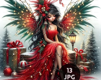 May include: A digital illustration of a Christmas fairy with black hair, wearing a red dress and feathered wings adorned with lights. She sits near wrapped gifts and Christmas trees in a snowy scene. A vintage lamp post is also visible.