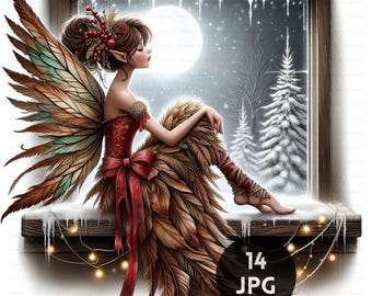 Christmas Fairy Clipart, Rustic Woodland Holiday Graphics, Vintage Winter Illustrations, Digital Download, Commercial Use