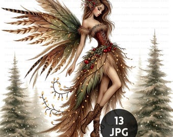 Christmas Fairy Clipart, Rustic Woodland Holiday Graphics, Vintage Winter Illustrations, Digital Download, Commercial Use