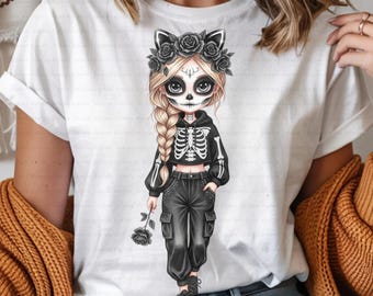 Goth Sugar Skull Girl, PNG-afbeelding: Chibi-skelet, dag van de doden (commercieel gebruik)