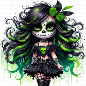 11 Gothic Skull Girl Clipart, High Resolution 300 DPI JPG, Day of the Dead Witchy Gnome Halloween Illustration for Crafts and Commercial Use