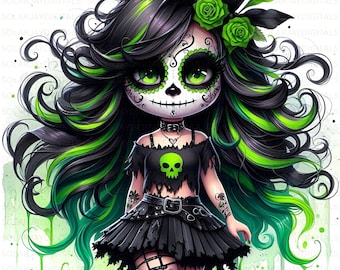 Gothic Skull Girl Clipart: Witchy Halloween Illustration (10 JPGs, Digital Download, Commercial Use)