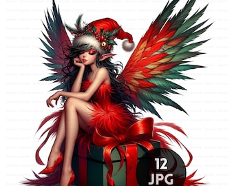 Clipart kerstfee: grillige roodgroene winterelfvakantiekunst (digitale download, commercieel gebruik)