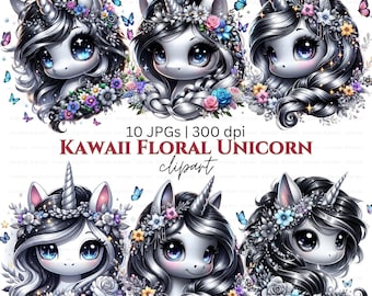 Kawaii zwart-wit zilver Fantasy bloemen Eenhoorn portret clipart sublimatie ontwerp, commercieel gebruik, digitale download
