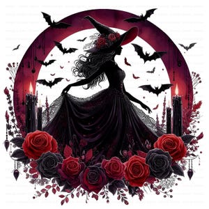 以下が含まれることがあります： 黒いドレスと帽子を身に着けた魔女のシルエット。コウモリ、ろうそく、バラに囲まれています。 魔女はドレスを持ち、赤と黒の配色です。 画像はハロウィーンをテーマにしています。