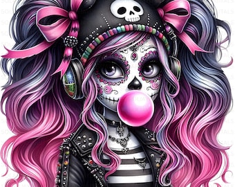 May include: A digital illustration of a girl with a sugar skull face, wearing a black leather jacket, a skull cap, and headphones. Her pink and purple hair is styled in pigtails with pink bows. She is blowing a pink bubblegum bubble.