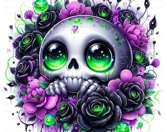 Aquarel gotische bloemen schedel clipart, digitale Halloween-sublimatie ontwerpen, commercieel gebruik