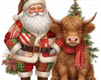 Patchwork Santa PNG Clipart: Festive Cozy Christmas Highland Cow Commercial Use Design