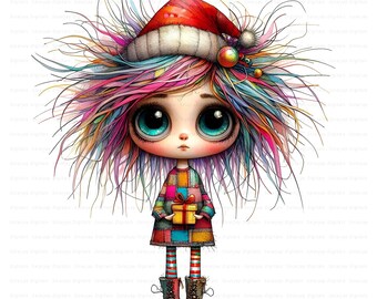Christmas Quirky Girl Clipart Bundle: Watercolor Style (Digital Download, 10 JPGs, Commercial Use)