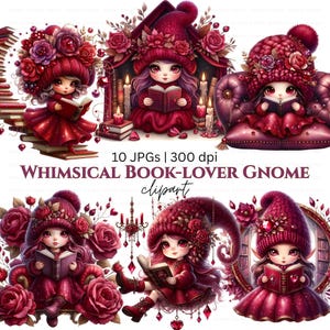 Ruby Book Gnome Clipart: Whimsical Watercolor Illustrations (10 JPGs, Digital Download, Commercial Use)