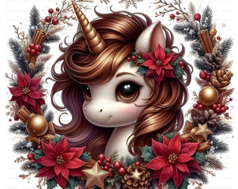 Winter Unicorn Clipart Bundle: Holiday Wreath, Poinsettia Designs (10 JPGs, Digital Download, Commercial Use)