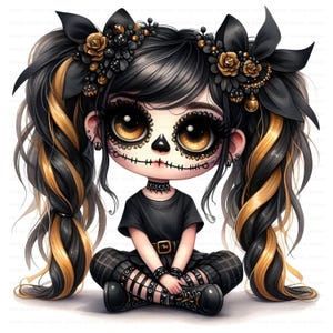 Gothic Halloween gnome girl clipart set with gold and black hoodies, spooky cute pigtails, and fall outfits for seasonal crafts. commercial use, cute girl clipart, digital download, junk journal girl, mixed media clipart, planner girl clipart, quirky girl clipart, whimsical clipart, gothic clipart, halloween clipart, day of the dead, skull clipart, gnome clipart, fantasy clipart, fairy clipart, gothic girl clipart, spooky cute graphic, goth party clipart, skull makeup, seasonal clipart, digitals