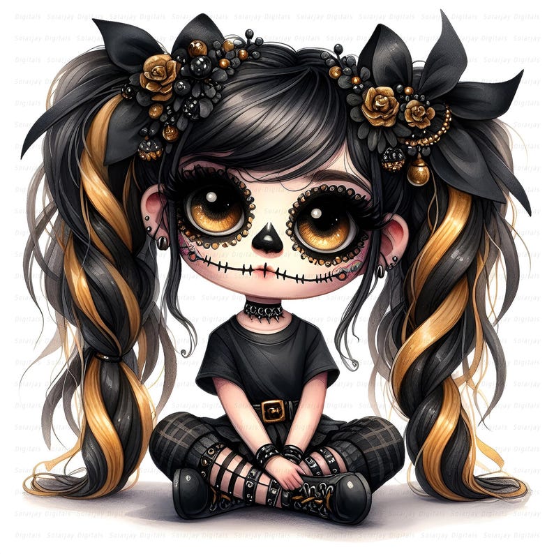 Gothic Halloween gnome girl clipart set with gold and black hoodies, spooky cute pigtails, and fall outfits for seasonal crafts. commercial use, cute girl clipart, digital download, junk journal girl, mixed media clipart, planner girl clipart, quirky girl clipart, whimsical clipart, gothic clipart, halloween clipart, day of the dead, skull clipart, gnome clipart, fantasy clipart, fairy clipart, gothic girl clipart, spooky cute graphic, goth party clipart, skull makeup, seasonal clipart, digitals