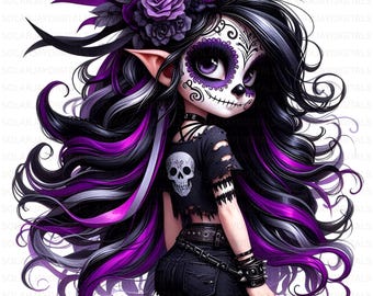 Gothic Skull Girl Clipart: Witchy Halloween Illustration (10 JPGs, Digital Download, Commercial Use)