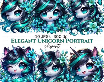 Bloemen clipart eenhoorn: blauwgroen kawaii portret, vlinderfantasie, digitale download, sublimatieontwerp, commercieel gebruik